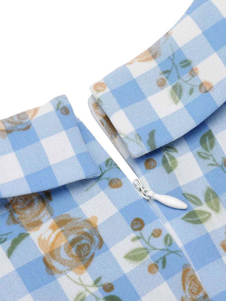 Abito plaid floreale con maniche a sbuffo blu anni '60
