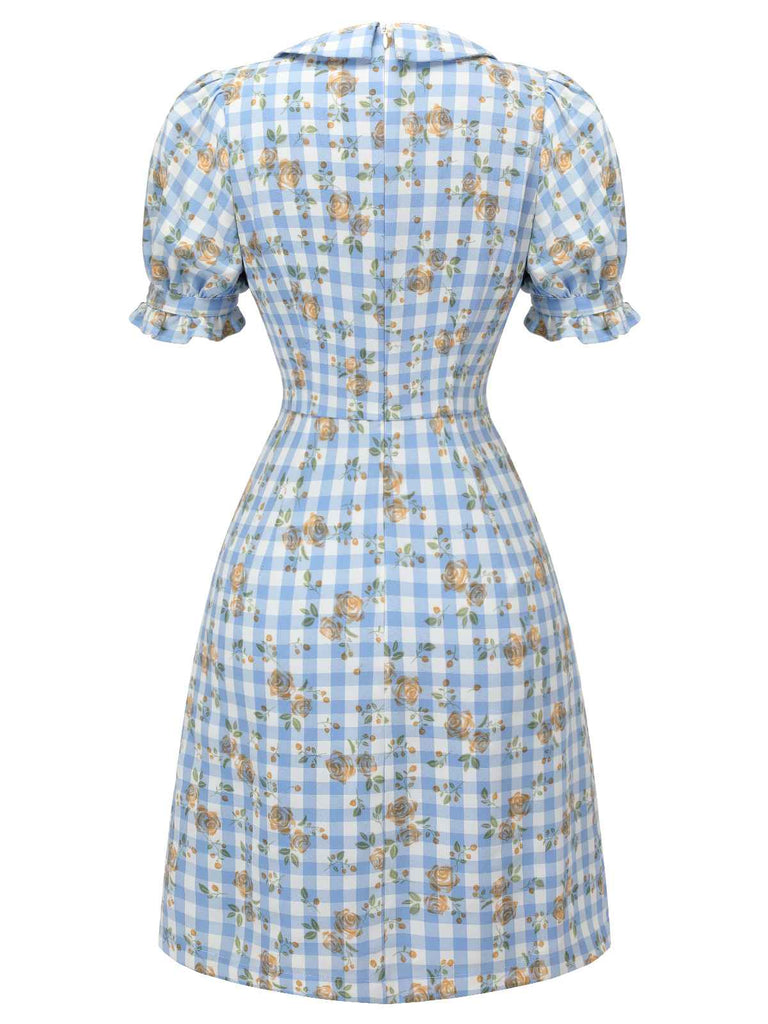 Abito plaid floreale con maniche a sbuffo blu anni '60