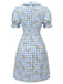 Abito plaid floreale con maniche a sbuffo blu anni '60