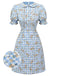 Abito plaid floreale con maniche a sbuffo blu anni '60
