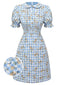 Abito plaid floreale con maniche a sbuffo blu anni '60