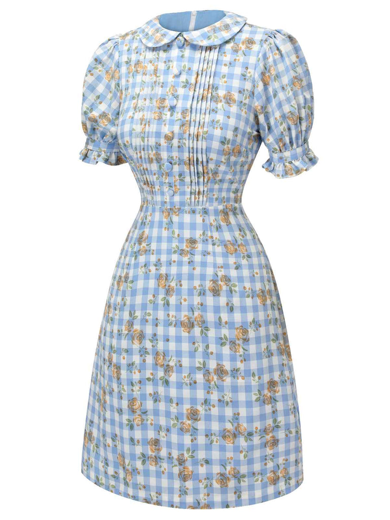 Abito plaid floreale con maniche a sbuffo blu anni '60