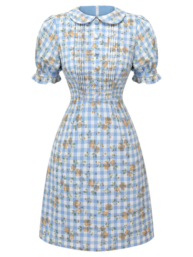 Abito plaid floreale con maniche a sbuffo blu anni '60