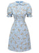 Abito plaid floreale con maniche a sbuffo blu anni '60