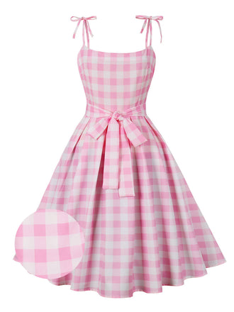 Abito a ruota plaid spalline sottili rosa anni '50