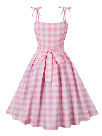 Abito a ruota plaid spalline sottili rosa anni '50
