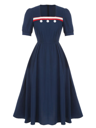 Abito a sbuffo scollo quadrato blu scuro anni '30