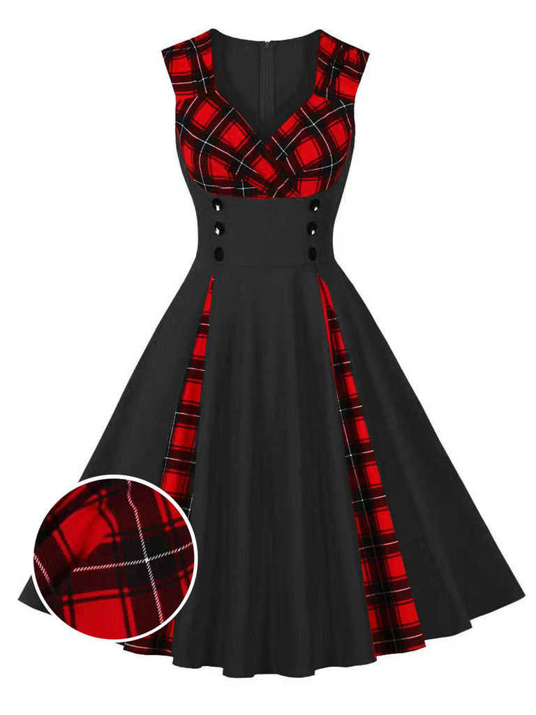 Abito a quadri con scollo a V rosso e nero anni '50