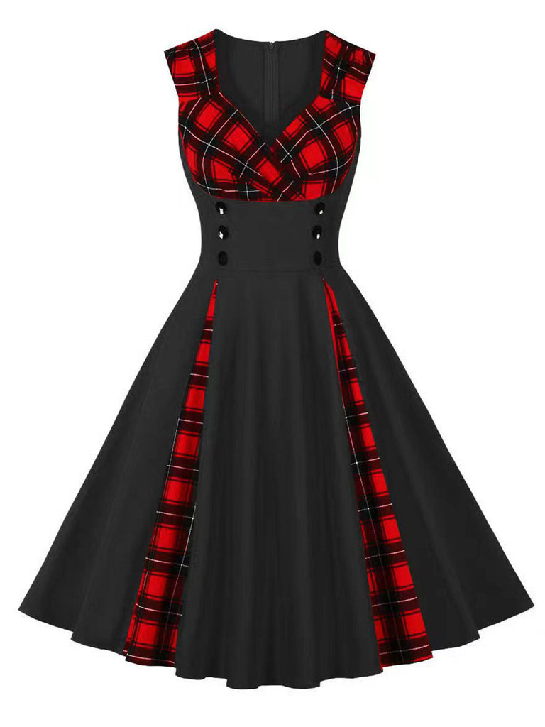 Abito a quadri con scollo a V rosso e nero anni '50