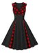 Abito a quadri con scollo a V rosso e nero anni '50