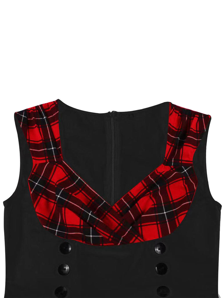 Abito a quadri con scollo a V rosso e nero anni '50