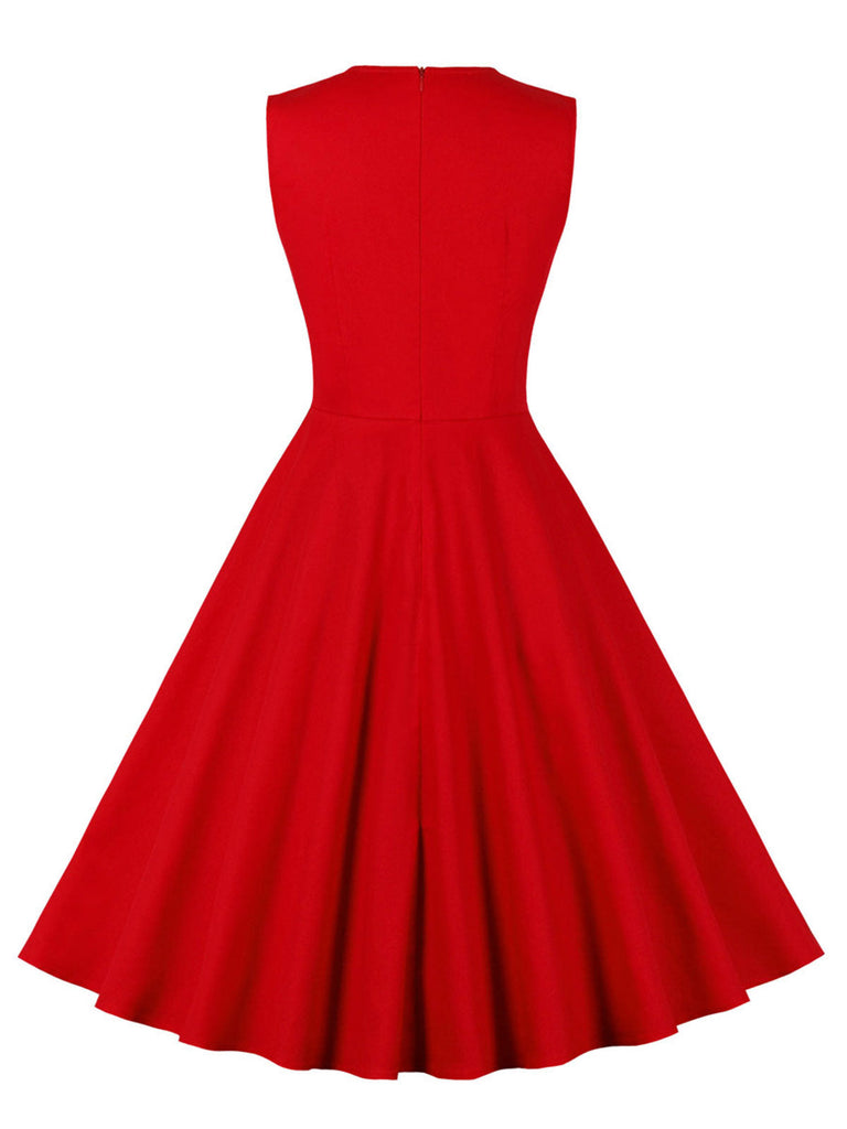 Abito a quadri con scollo a V rosso e nero anni '50