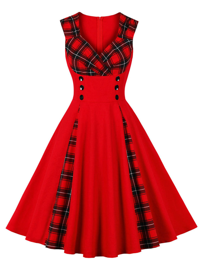 Abito a quadri con scollo a V rosso e nero anni '50
