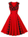 Abito a quadri con scollo a V rosso e nero anni '50