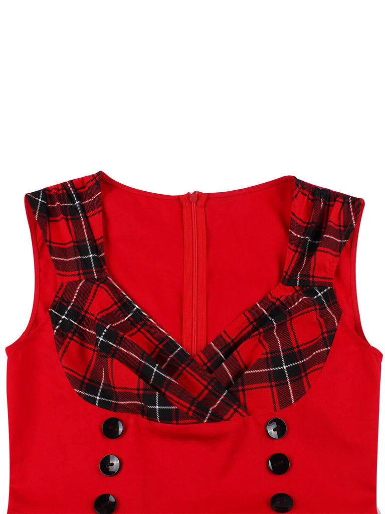 Abito a quadri con scollo a V rosso e nero anni '50