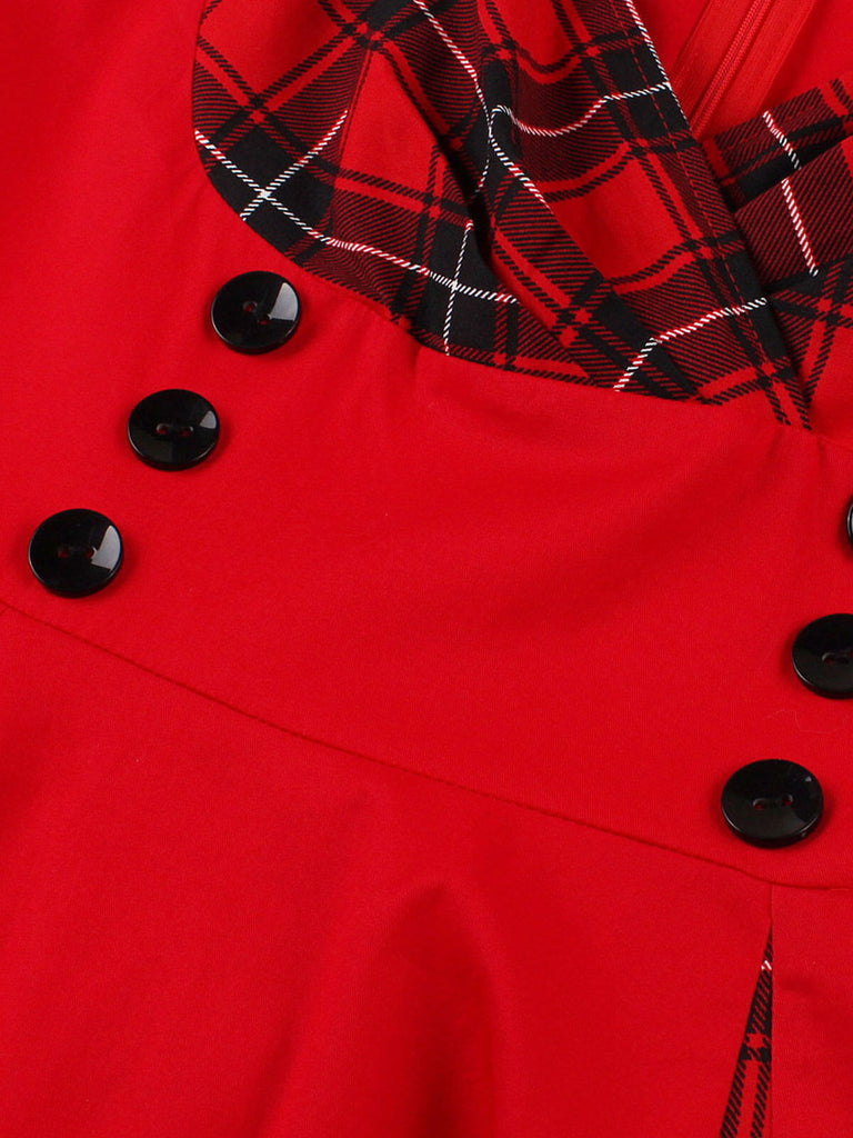 Abito a quadri con scollo a V rosso e nero anni '50