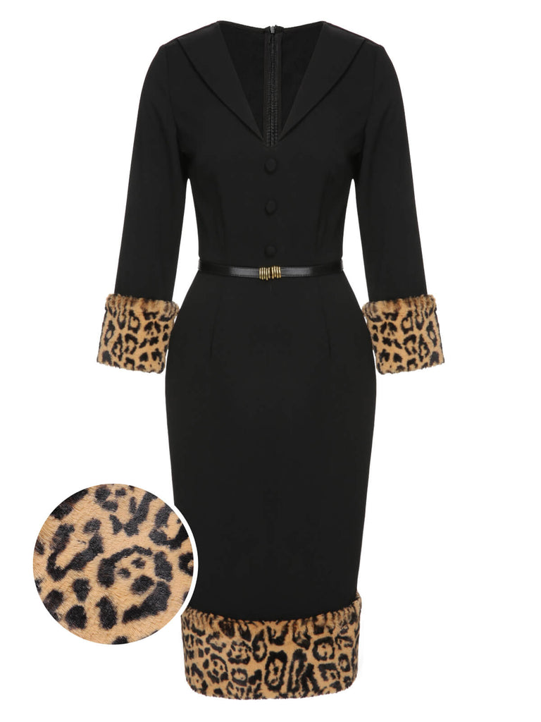 Abito a tubino leopardato in peluche nero anni '60