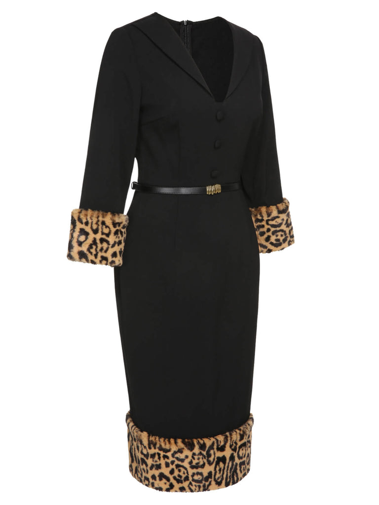 Abito a tubino leopardato in peluche nero anni '60