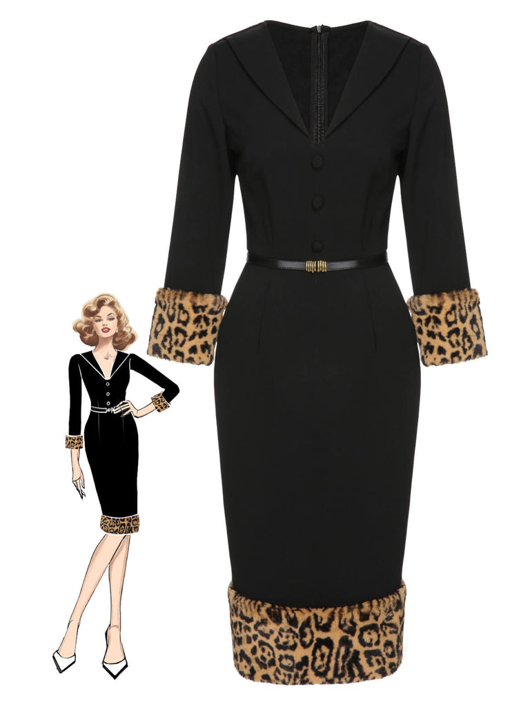 Abito a tubino leopardato in peluche nero anni '60