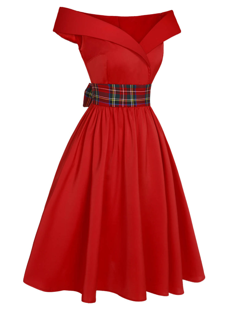 Abito a quadri con spalle scoperte natalizi rosso anni '50