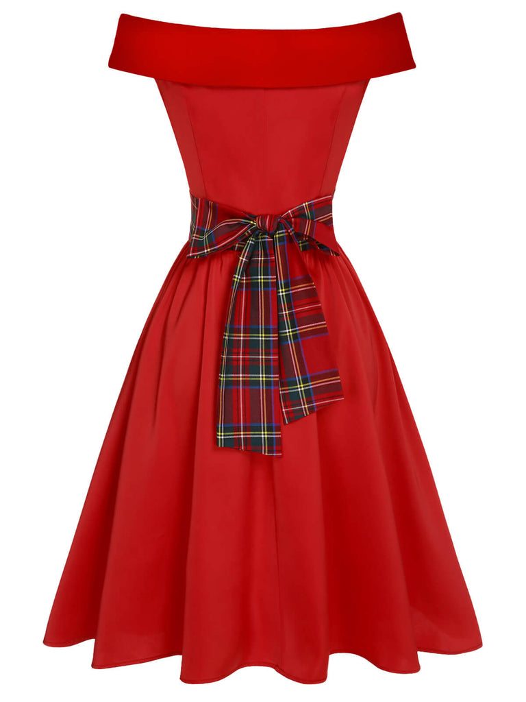 Abito a quadri con spalle scoperte natalizi rosso anni '50