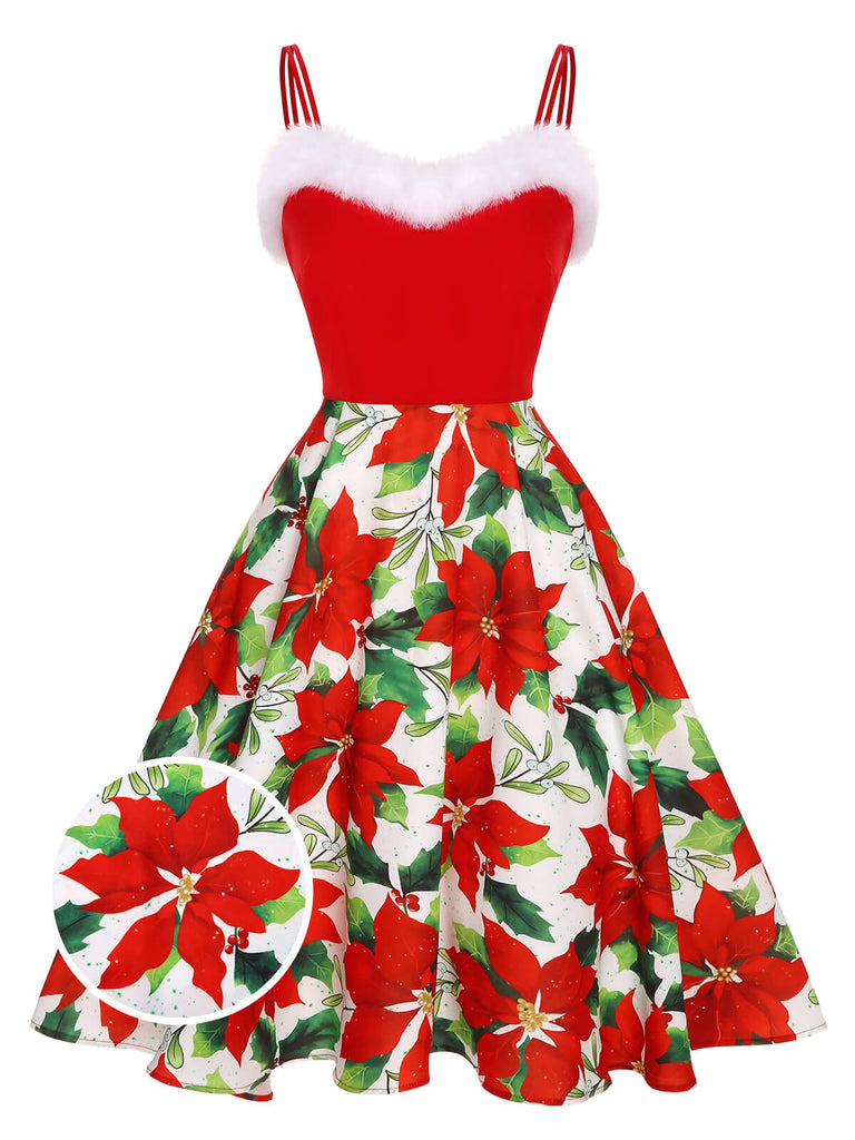 Abito con rifiniture a poinsettia natalizia rosso anni '50