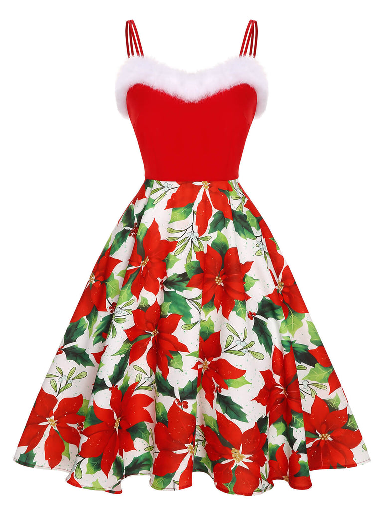 Abito con rifiniture a poinsettia natalizia rosso anni '50