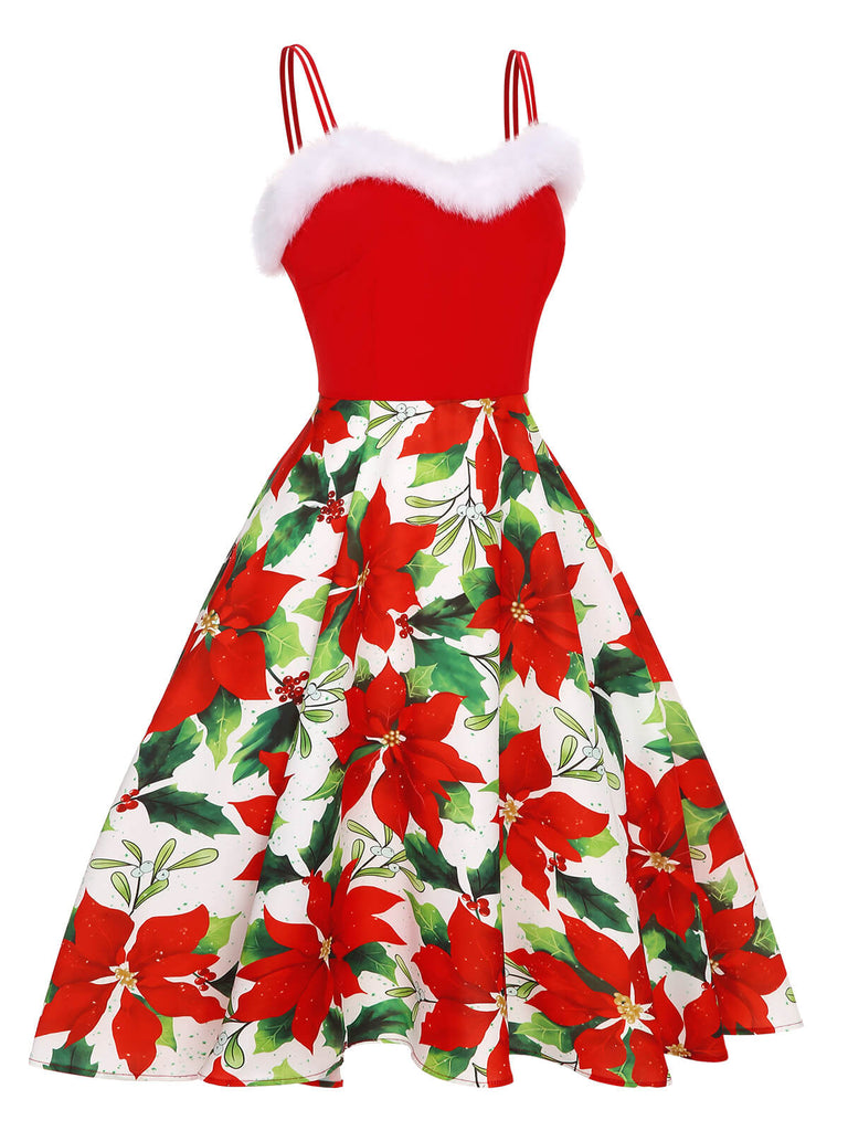 Abito con rifiniture a poinsettia natalizia rosso anni '50