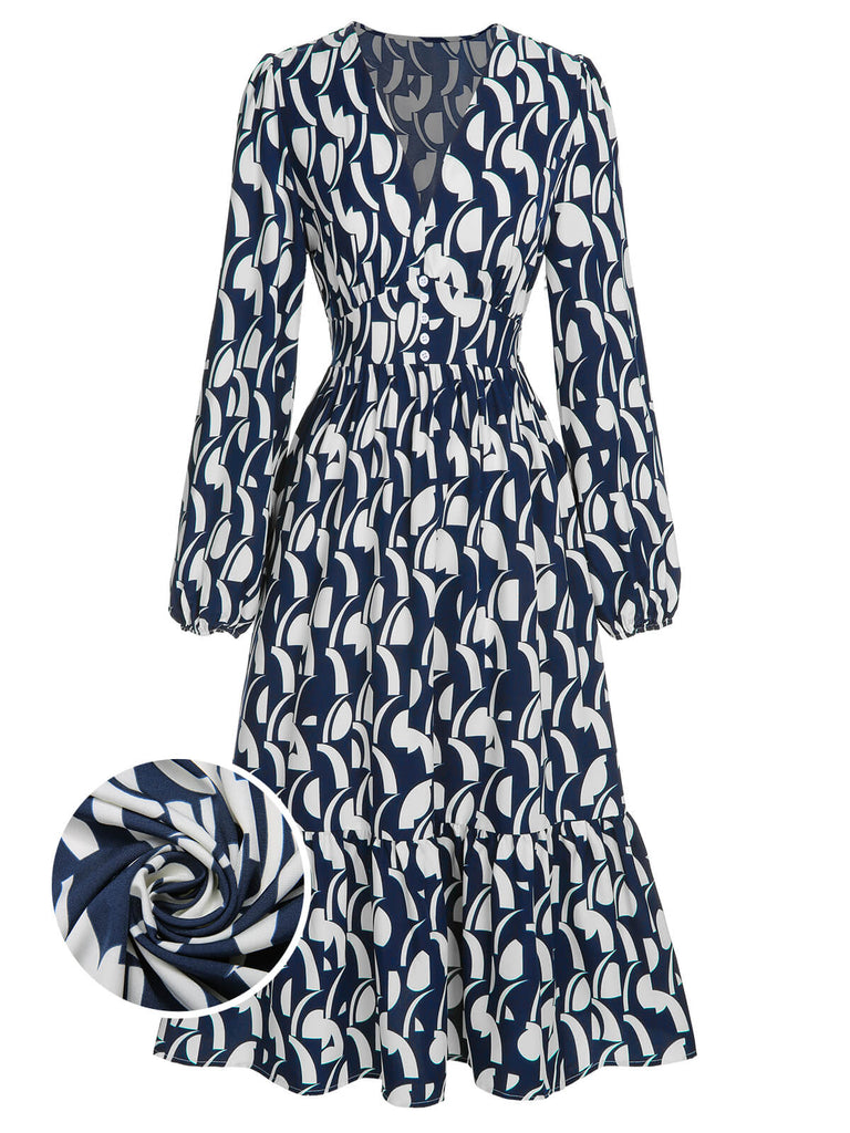 Abito stampa geometrica con scollo a V blu navy anni '30
