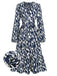 Abito stampa geometrica con scollo a V blu navy anni '30