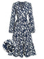 Abito stampa geometrica con scollo a V blu navy anni '30