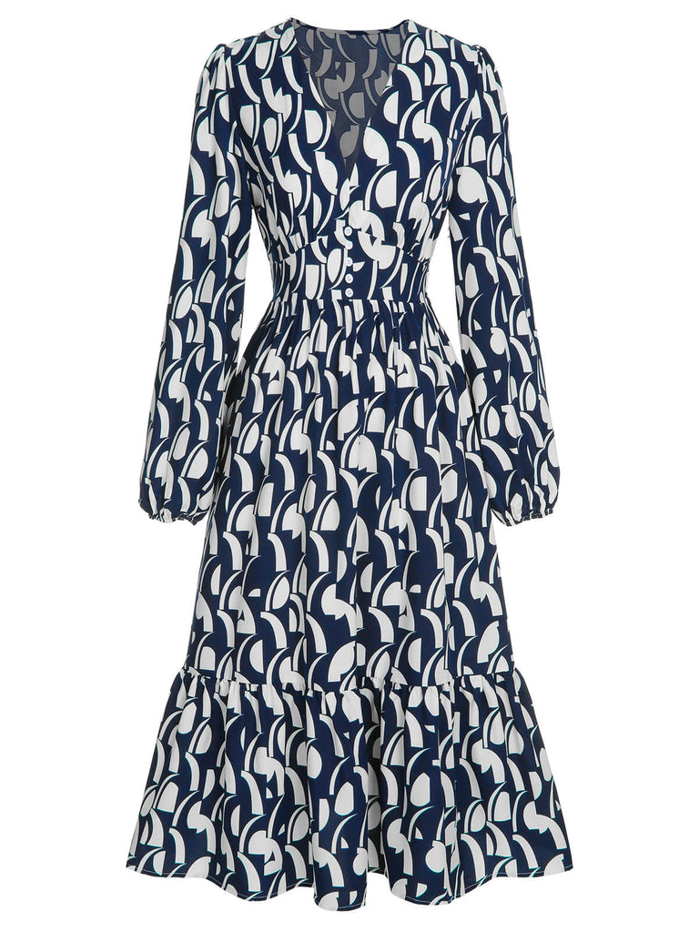 Abito stampa geometrica con scollo a V blu navy anni '30