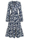 Abito stampa geometrica con scollo a V blu navy anni '30