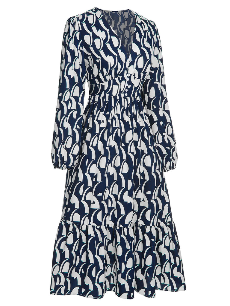 Abito stampa geometrica con scollo a V blu navy anni '30