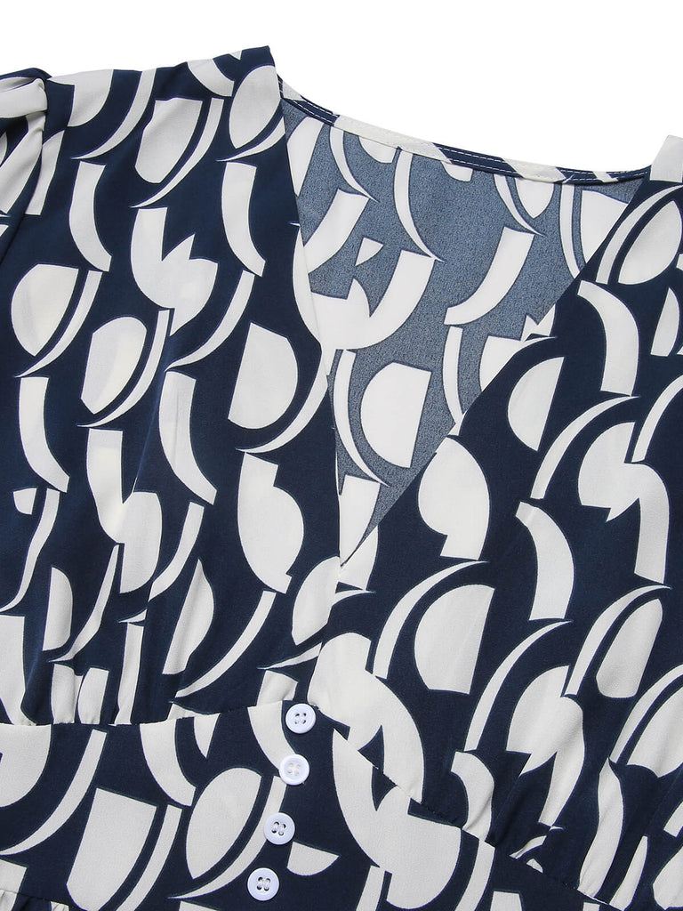 Abito stampa geometrica con scollo a V blu navy anni '30