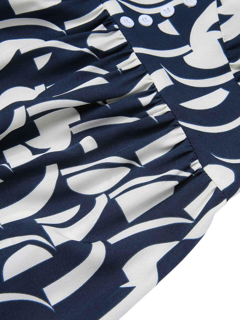 Abito stampa geometrica con scollo a V blu navy anni '30