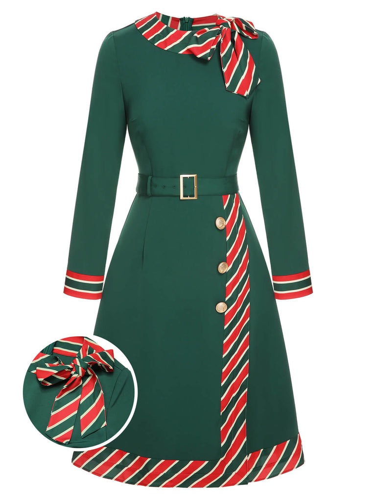Abito a righe patchwork con cintura verde anni '40