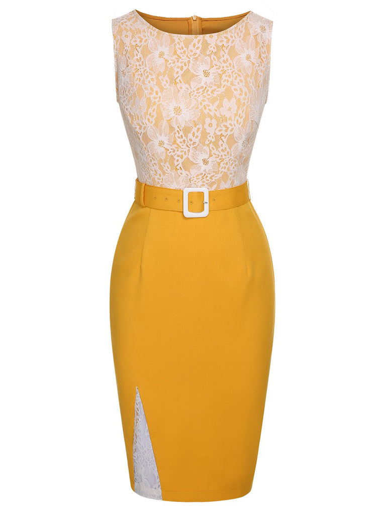 Abito in pizzo con cintura patchwork giallo anni '60