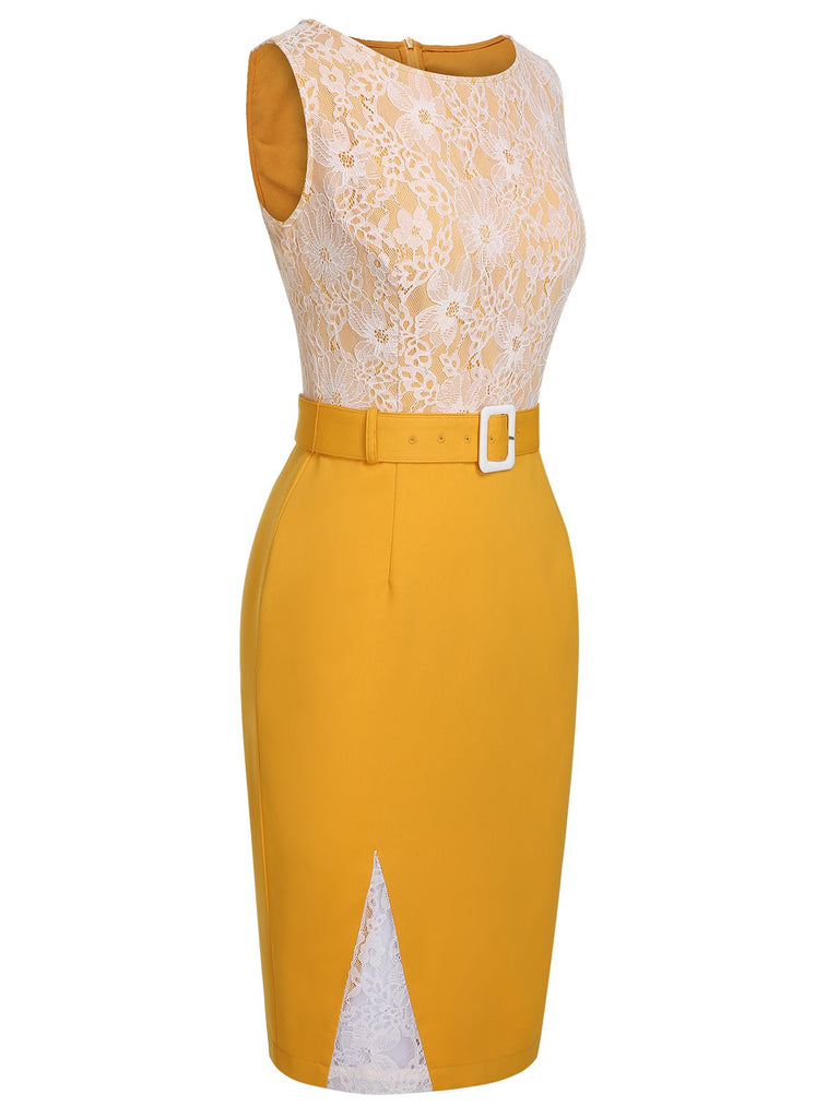 Abito in pizzo con cintura patchwork giallo anni '60