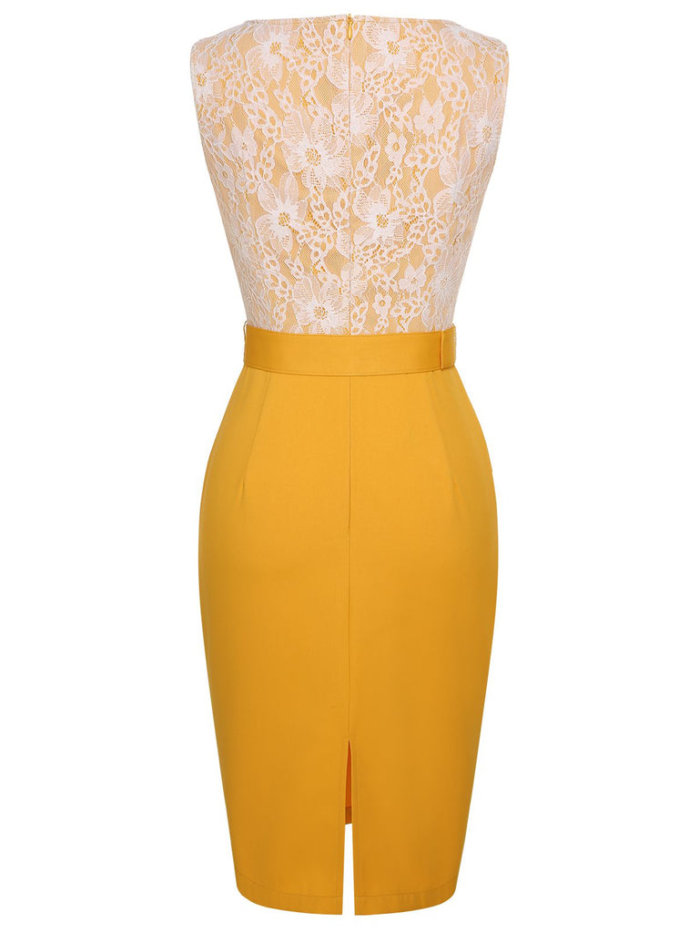 Abito in pizzo con cintura patchwork giallo anni '60
