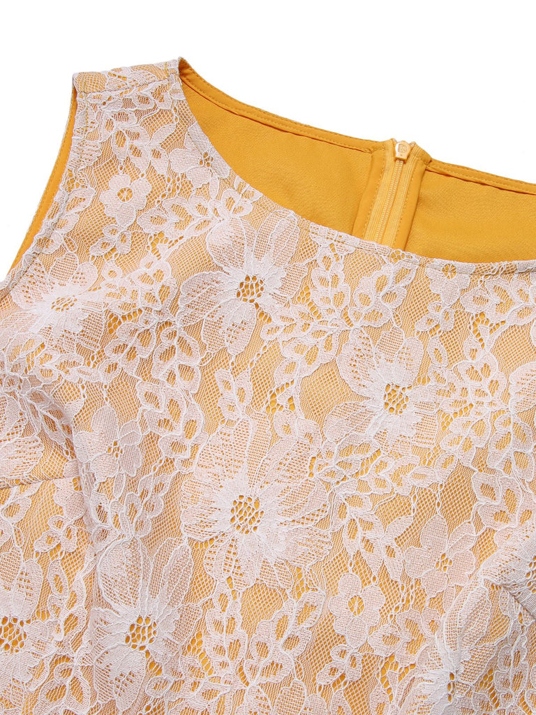 Abito in pizzo con cintura patchwork giallo anni '60