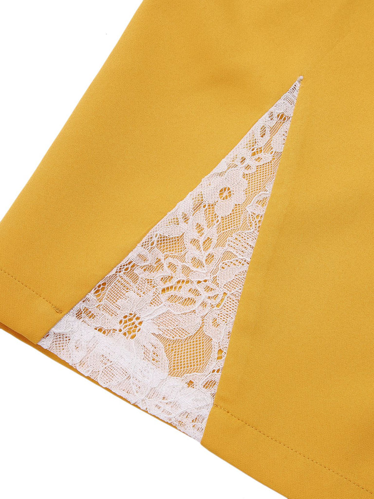 Abito in pizzo con cintura patchwork giallo anni '60