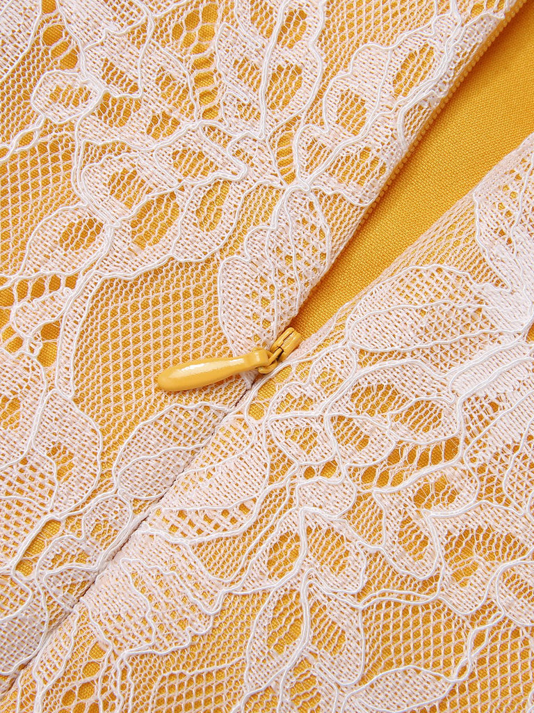 Abito in pizzo con cintura patchwork giallo anni '60