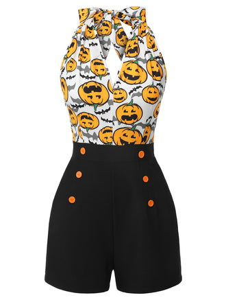 Black 1950s Halloween Pumpkin Halter Romper