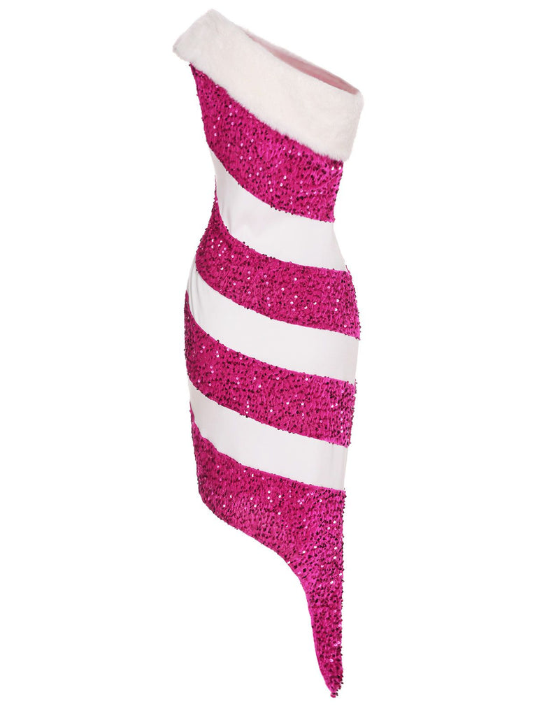 Abito monospalla a forma di bastoncino di zucchero rosa anni '60