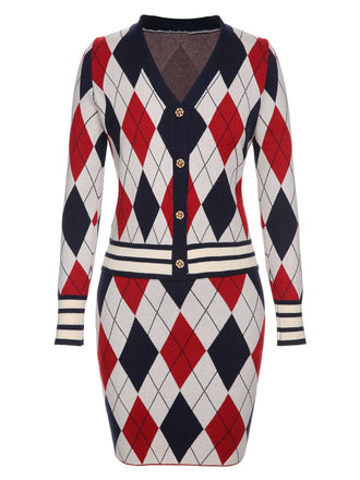 2PCS Cardigan e gonna lavorati a maglia e quadri anni '60