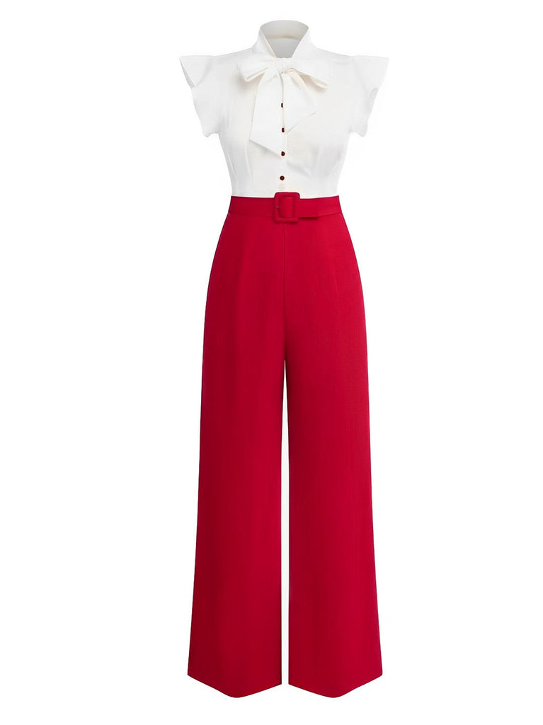 2PCS Camicetta con fiocco e pantaloni bianco e rosso anni '30