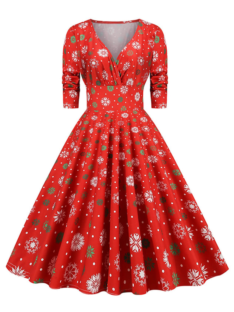 Abito natalizio con scollo a V e maniche lunghe anni '50