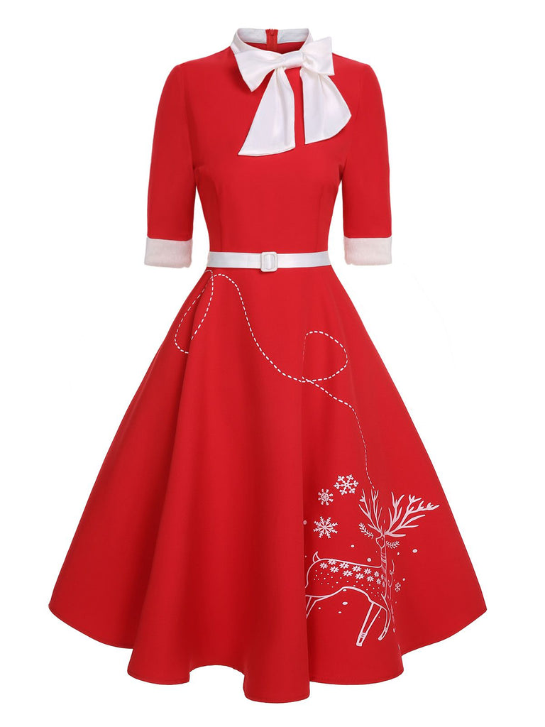 Abito con cintura patchwork e fiocco di alce rosso anni '50