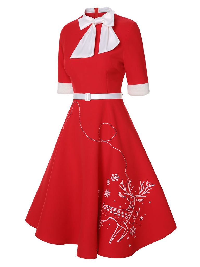 Abito con cintura patchwork e fiocco di alce rosso anni '50